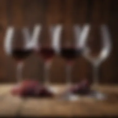 Elegant Assortment of Wine Glasses An elegant assortment of wine glasses filled with various types of wine against a rustic wooden background