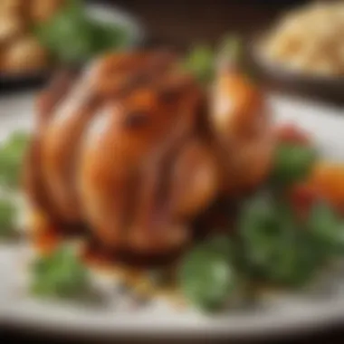 A close-up of succulent chicken dish plated elegantly