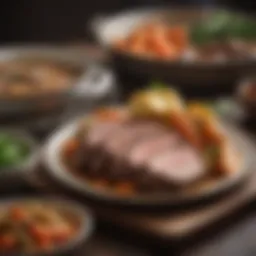 A beautifully plated pot roast with rich gravy and vegetables.