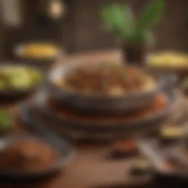 A traditional dining setup featuring picadillo with rice and plantains