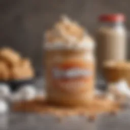 A close-up view of a creamy peanut butter jar alongside a fluffy marshmallow spread.