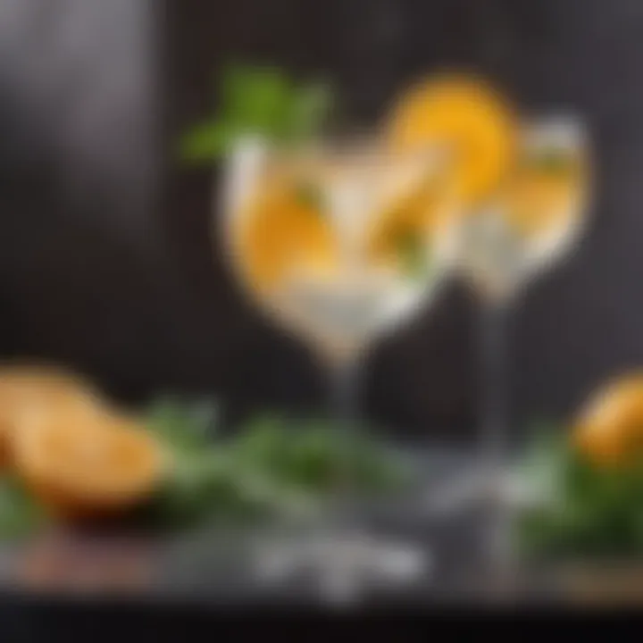 A vibrant cocktail featuring prosecco and vodka, garnished with fresh herbs and citrus.