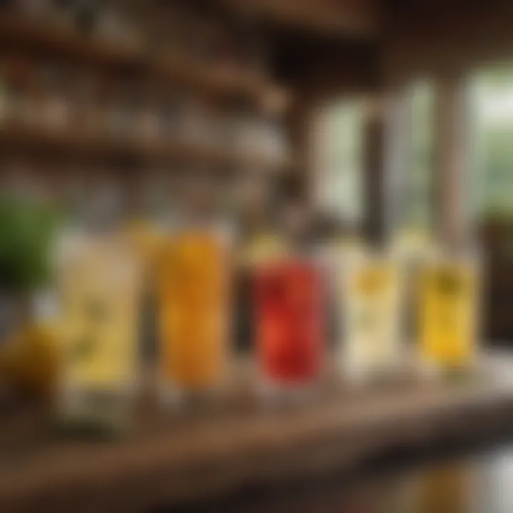 A rustic bar setting showcasing various summer beverages ready for enjoyment