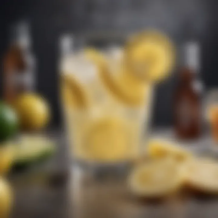 A close-up view of a refreshing lemonade drink with beer and vodka, complemented by citrus slices