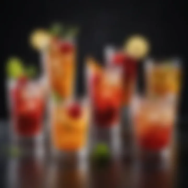 An assortment of vibrant highball cocktails displayed at a lively gathering