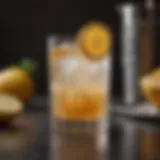 A vintage highball glass filled with a refreshing cocktail and garnished with a slice of citrus