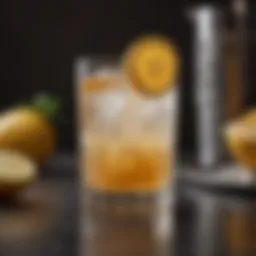 A vintage highball glass filled with a refreshing cocktail and garnished with a slice of citrus
