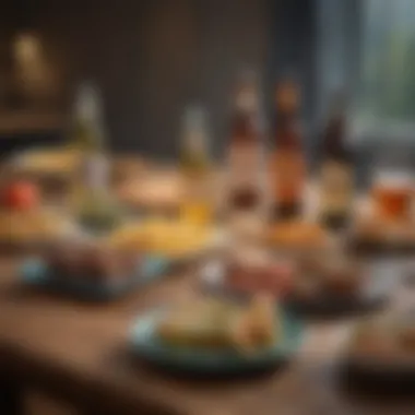 A well-set table with non-alcoholic beers paired with gourmet appetizers.