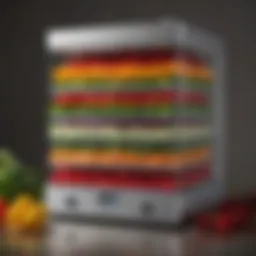 A pristine Excalibur dehydrator showcasing multiple trays filled with colorful fruits and vegetables.