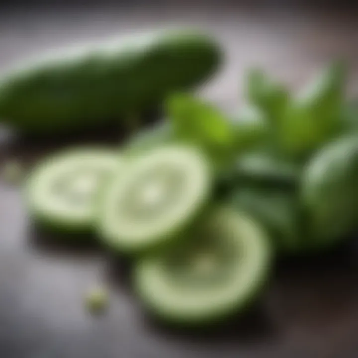 Close-up of fresh basil leaves and cucumber slices