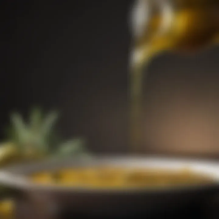 Close-up of olive oil drizzling over a gourmet dish