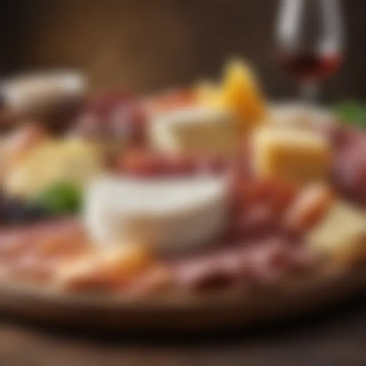 An exquisite gourmet platter showcasing a variety of artisanal cheeses and cured meats.