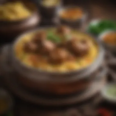 A beautifully plated mutton biryani garnished with fresh herbs