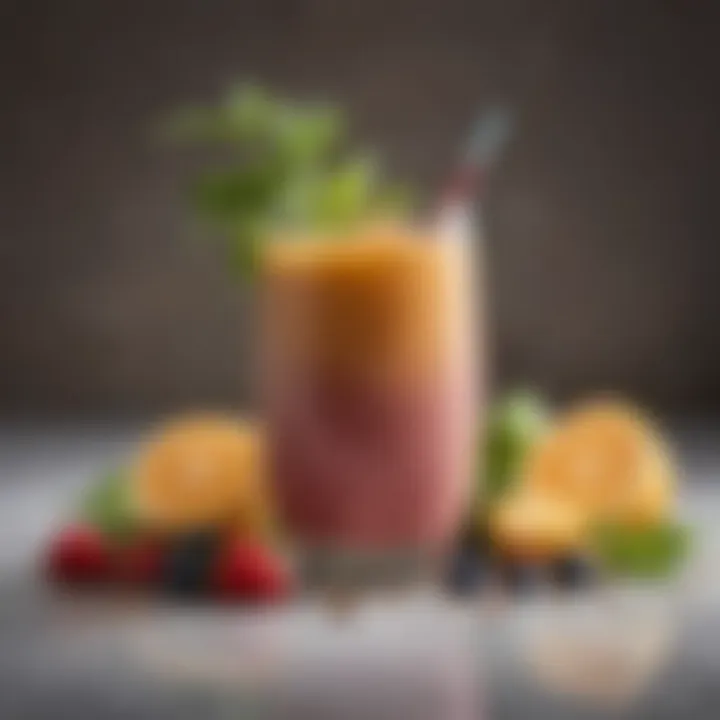 A beautifully crafted tea smoothie in a glass, garnished with herbs and fruits, inviting creativity.