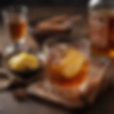 Close-up of cinnamon whiskey bottle and a hot toddy glass