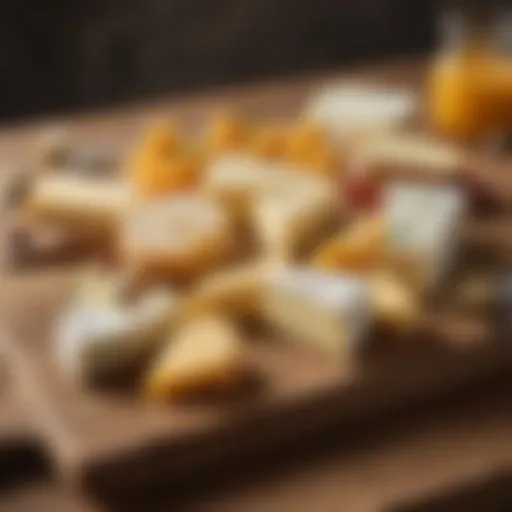 Assorted cheeses on a wooden board