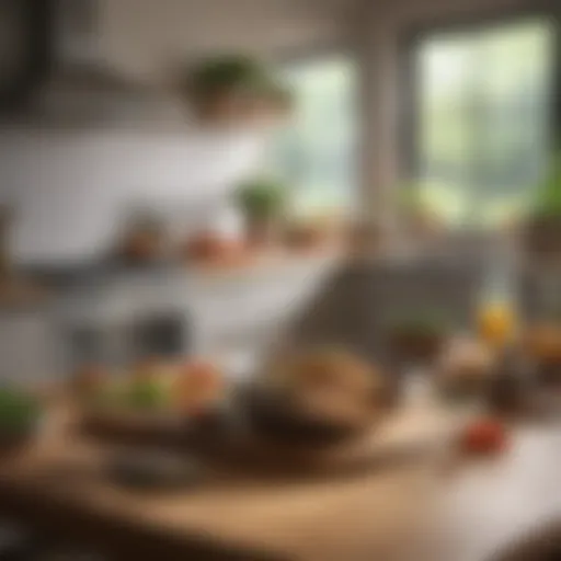 A serene kitchen space with fresh ingredients arranged artistically.