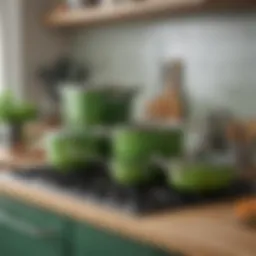 Aesthetic appeal of green cookware in a modern kitchen setup