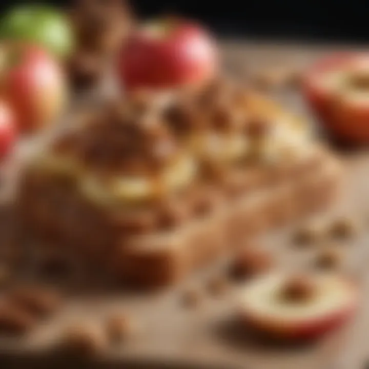 A close-up of apple toast topped with cinnamon and walnuts