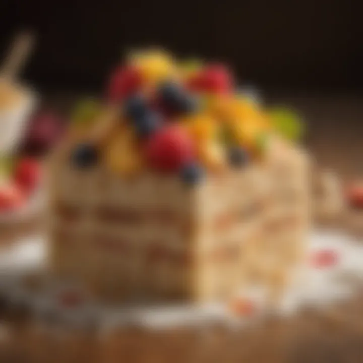 Creative Rice Krispies dessert featuring vibrant fruit toppings and drizzles