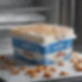 A frosty carton of half and half resting in a freezer.
