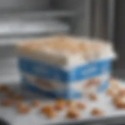 A frosty carton of half and half resting in a freezer.