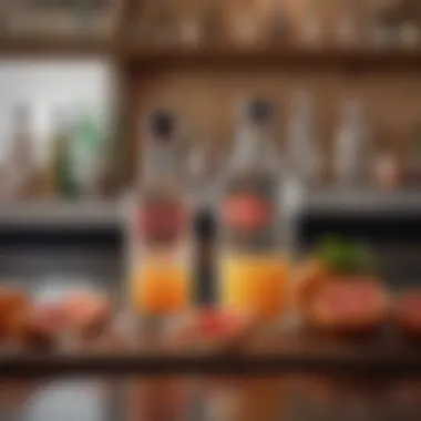 Classic Mixology Elements A vintage bar setting showcasing a bottle of vodka next to fresh grapefruits and a juicer, evoking a sense of mixology tradition