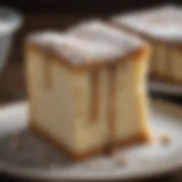 A beautifully arranged slice of crumb cake topped with a dusting of powdered sugar
