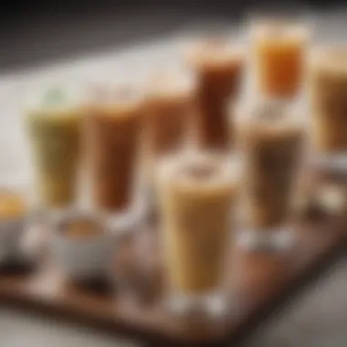 An artistic display of various types of milk tea in unique glasses.