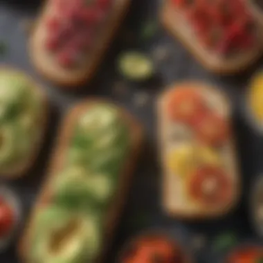 Quinoa Bread with Gourmet Toppings Artistic arrangement of quinoa bread slices with toppings like avocado and herbs