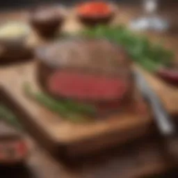 A succulent steak presented on a wooden cutting board, garnished with fresh herbs and spices.