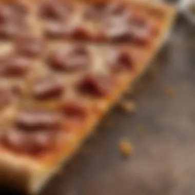 A close-up of a slice of thin crust pizza revealing its delicate texture.