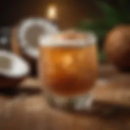 A glass of toasted coconut rum cocktail garnished with a slice of fresh coconut
