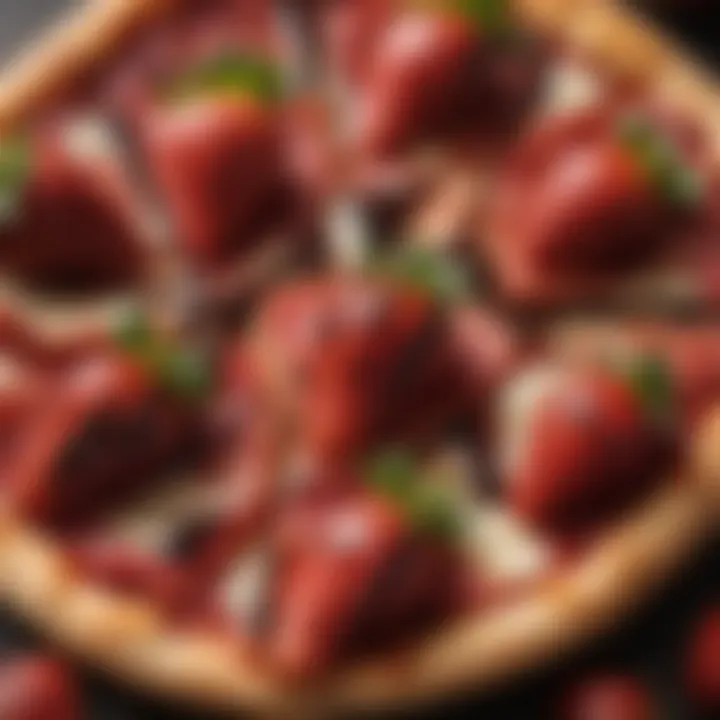 A close-up view of strawberry toppings on a pizza drizzled with balsamic glaze