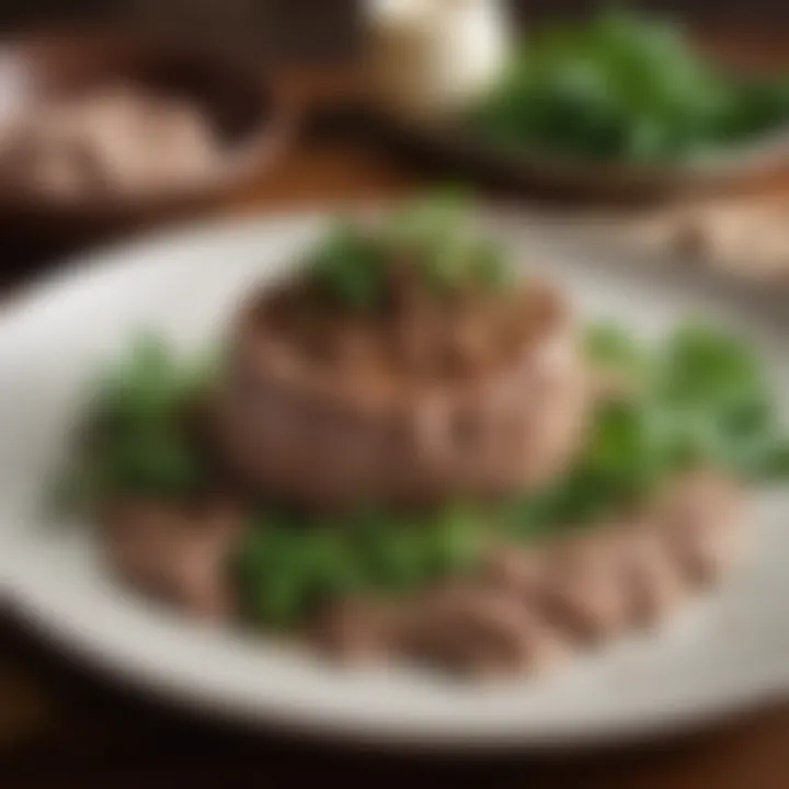 A beautifully garnished plate of vegetarian chopped liver with fresh herbs