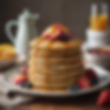 Deliciously Stacked Vegetarian Pancakes A beautifully stacked plate of vibrant vegetarian pancakes topped with fresh fruits and drizzled with maple syrup