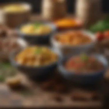 An assortment of spices and herbs in bowls, ready to enhance potato-based vegetarian recipes.