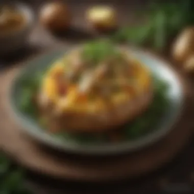 A colorful plate showcasing a gourmet vegetarian potato dish garnished with fresh herbs.