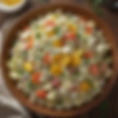 A close-up of a creamy potato salad decorated with vibrant vegetables and herbs.