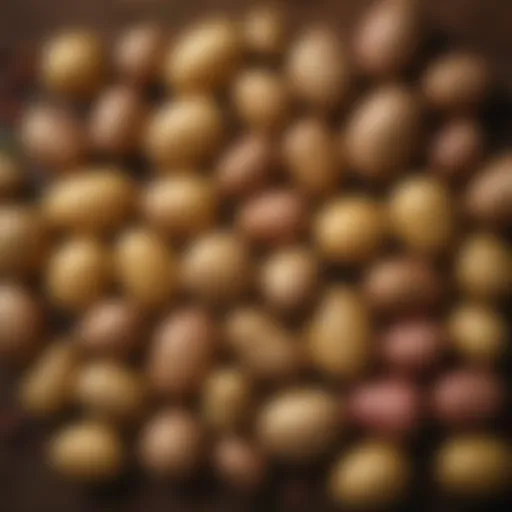 A vibrant display of various potato types arranged artistically on a wooden table.