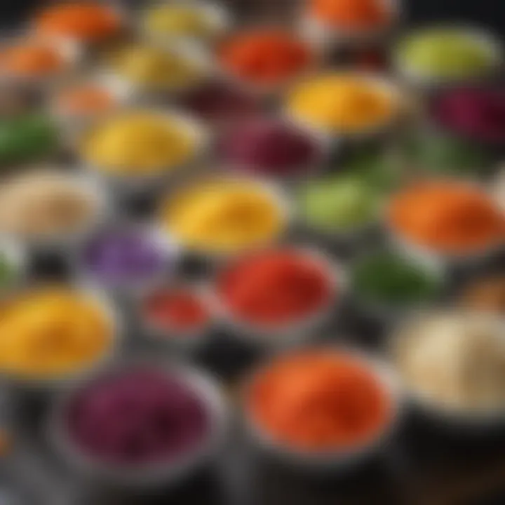 A vibrant array of colorful veggie spreads in bowls.