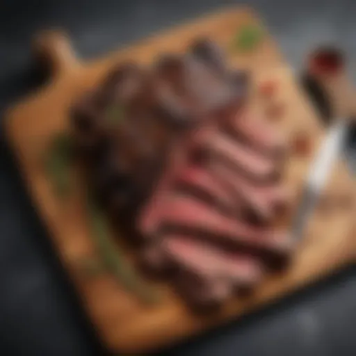 Elegant presentation of Wagyu beef back ribs on a rustic wooden board