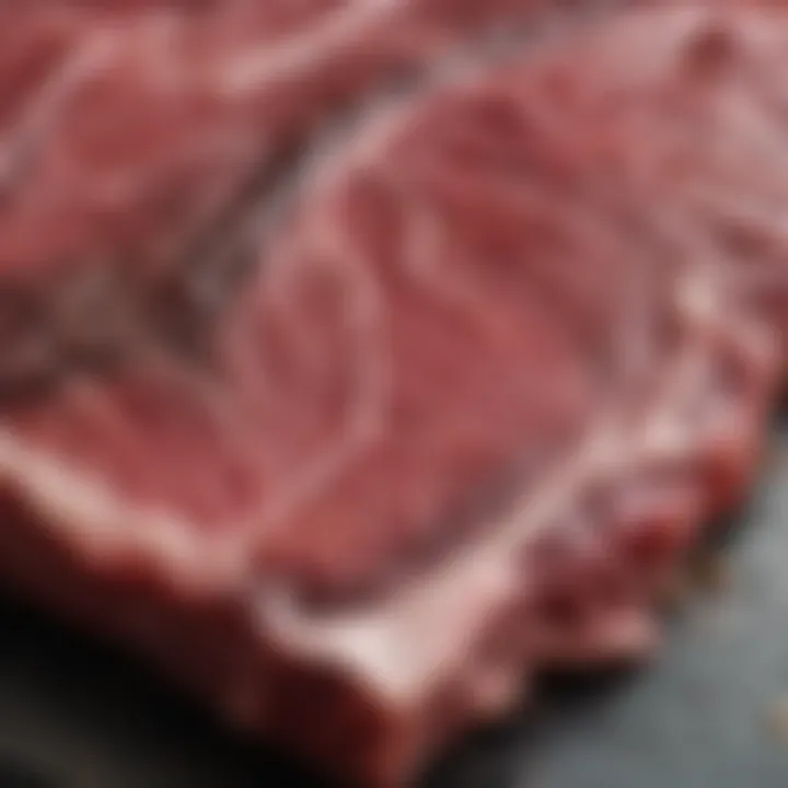 Close-up of the marbling in Wagyu beef showcasing its rich texture
