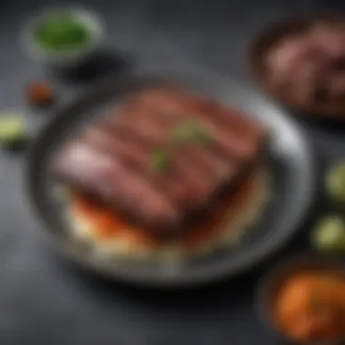 Artful Arrangement of Wagyu Back Ribs A beautifully arranged plate of Wagyu beef back ribs with garnishes