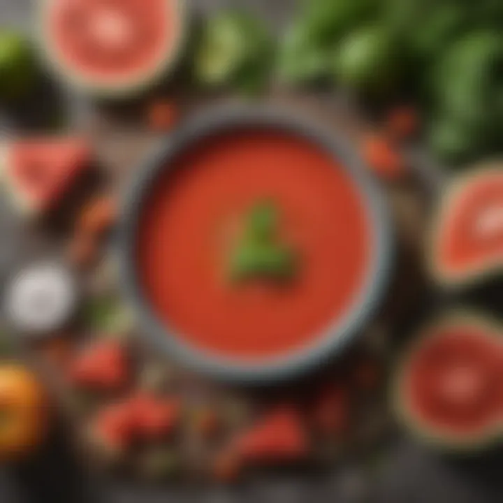 Fresh watermelon slices and vegetables ready for gazpacho preparation
