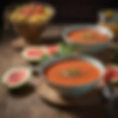 Refreshing Gazpacho in Rustic Setting A refreshing bowl of watermelon gazpacho served in a rustic setting