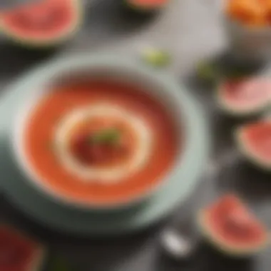 Styled Watermelon Gazpacho A beautifully styled plate of watermelon gazpacho with garnishes