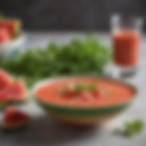 A vibrant bowl of watermelon gazpacho garnished with fresh herbs
