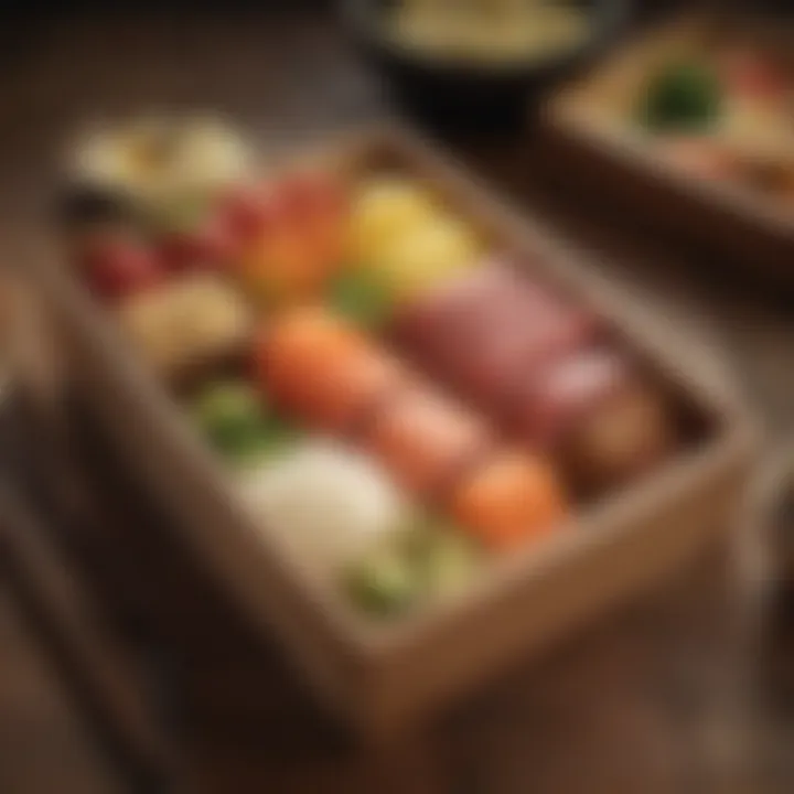 Traditional wooden bento box set against a vibrant culinary backdrop