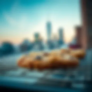 Freshly Baked Cookie An artistic view of a freshly baked cookie cooling on a wire rack with a city backdrop